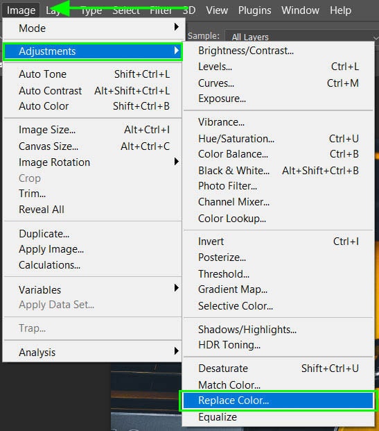 با انتخاب لایه جدید به Image > Adjustments > Replace Color بروید