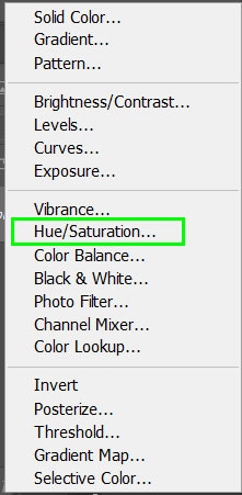 می توانید با انتخاب این آیکون در پایین پنل لایه ها و انتخاب Hue/Saturationاز منو لایه را اضافه کنید