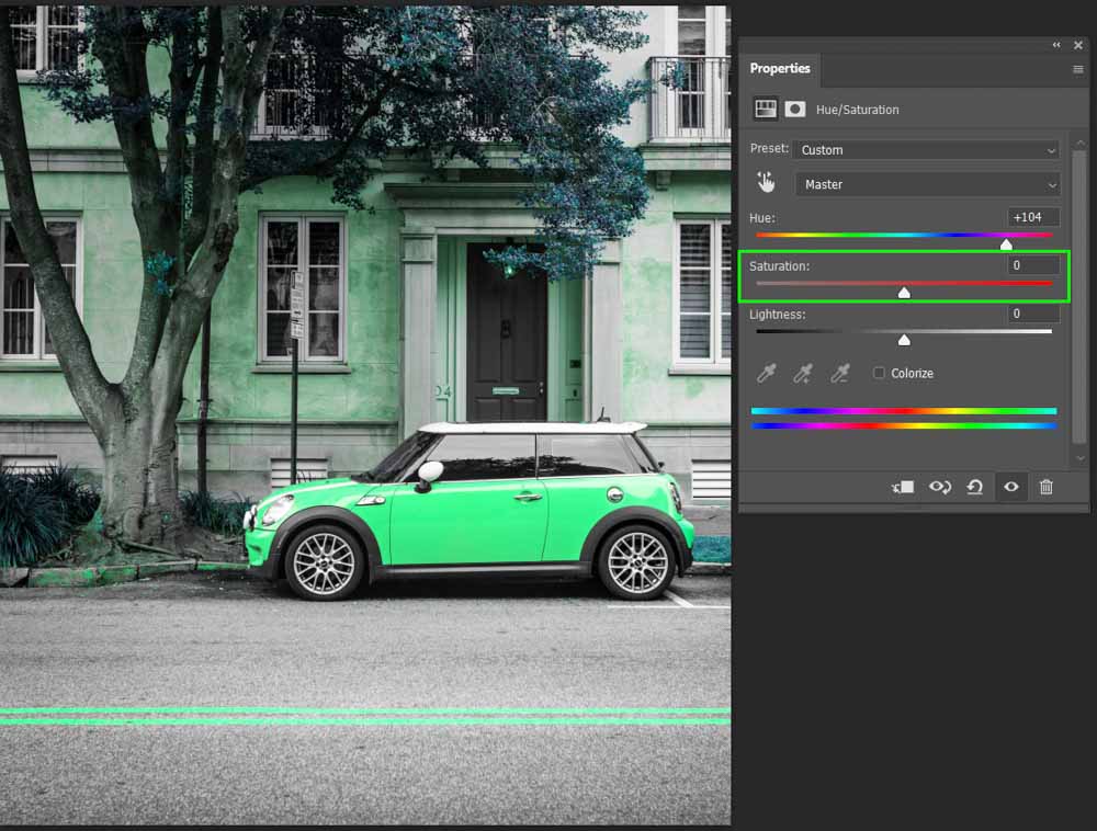 رنگ را تنظیم کنید تا همانطور که دوست دارید رنگ تصویر تغییر یابد و اسلایدر اشباع را به 0 برگردانید.