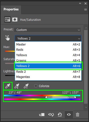 اگر می خواهید کنترل بیشتری روی رنگ های خاص داشته باشید، منوی دراپ-داون را در پنجره لایه اجاسمنت انتخاب و چنل رنگی را که می خواهید تنظیم کنید انتخاب نمایید. شما همچنین می توانید برای انتخاب رنگ روی تصویر از ابزار قطره چکان در پایین استفاده کنید. زمانی که یک رنگ استفاده می شود، می توانید اسلایدرهای پایین را برای تغییر ردیف رنگ ها تنظیم نمایید.