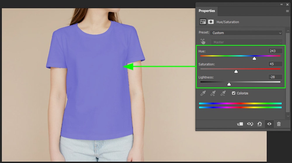  می توانید اسلایدرها را تا جایی که می خواهید رنگ پیراهن را تغییر دهید به هر رنگی که می خواهید تنظیم کنید.