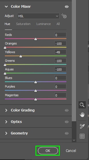 زمانی که رنگ ها را تنظیم کرده اید، کلید OK را انتخاب کنید. فیلتر جدیدی روی لایه زیر فیلترهای هوشمند اعمال خواهد شد.