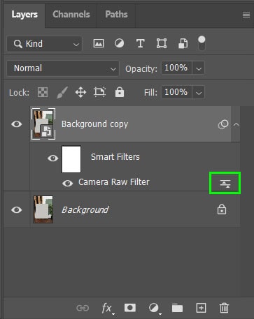 می توانید روی آیکون سمت راست لایه فیلتر کلیک کنید تا پنجره camera raw را دوباره باز نموده و ادیت های خود را در مرحله بعد دوباره تنظیم نمایید