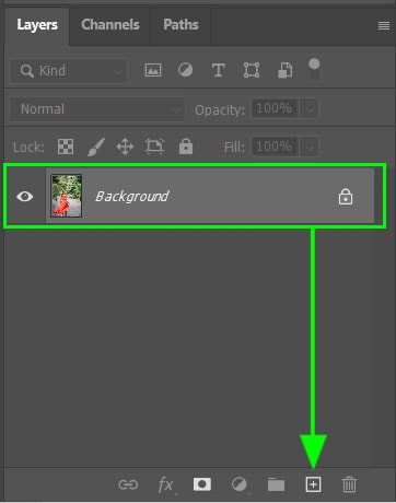 زمانی که تصویری را باز کرده اید، لایه بک گراند را با کلیک و درگ کردن آن به آیکون لایه جدید در پایین پنل لایه ها کپی کنید. شما هم چنین می توانید زمانی که لایه انتخاب می شود Control + J (Win) or Command + J (Mac)  را فشار دهید.