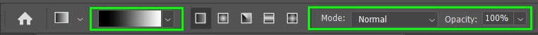 مرحله چهارم: گرادیان را اضافه کنید از نوار ابزار، ابزار گرادیان را انتخاب کنید یا کلید G را بگیرید. آنگاه، تنظیمات ابزار را روی نوار آپشن ها تنظیم کنید. مطمئن شوید که اپاسیتی (شفافیت) 100 درصد است، گرادیان به یک گرادیان خطی، و مود ترکیب باید روی نرمال تنظیم شود.