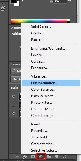 در واقع کاری که می‌توانیم انجام دهیم این است که روی نماد لایه تنظیم کلیک کنیم، برای مثال Hue/Saturation را انتخاب کرده و سپس رنگ کلی را تغییر دهیم
