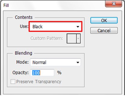 وقتی باکس محاوره ای Fill ظاهر می شود، رنگ سیاه را برای قسمت محتوا (Contents) انتخاب و OK را فشار دهید.