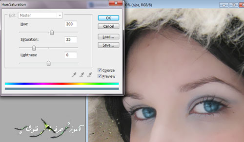 تغییر رنگ چشم دختر به آبی با استفاده از  hue/saturation در فتوشاپ